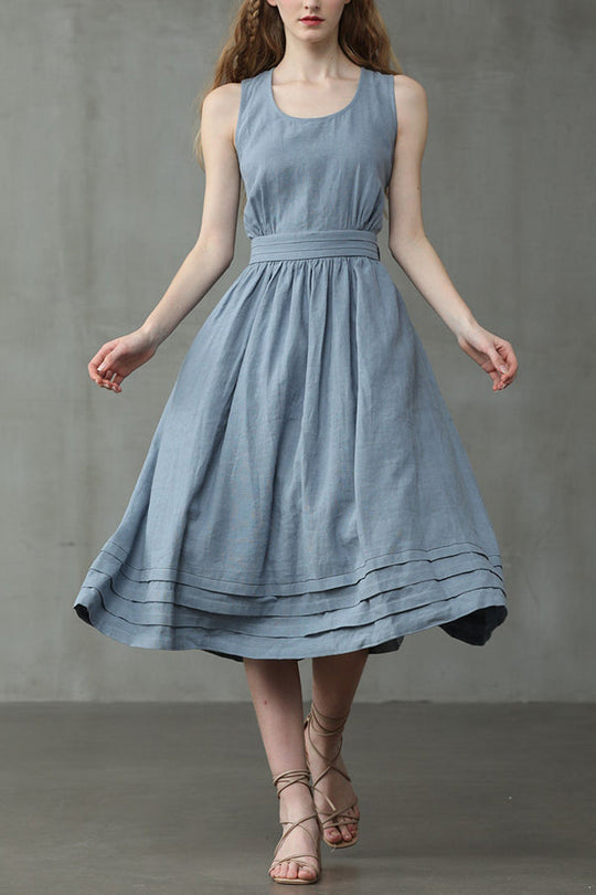 R&B | Cross Back O-Hals Maxikleid Leinen