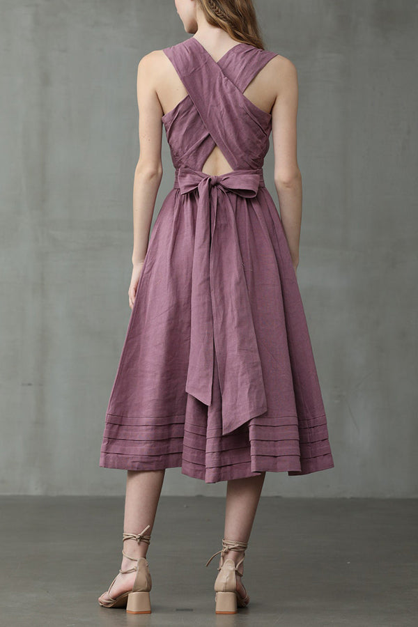 R&B | Cross Back O-Hals Maxikleid Leinen