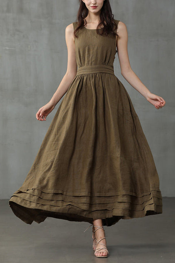 R&B | Cross Back O-Hals Maxikleid Leinen