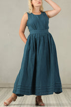 R&B | Cross Back O-Hals Maxikleid Leinen