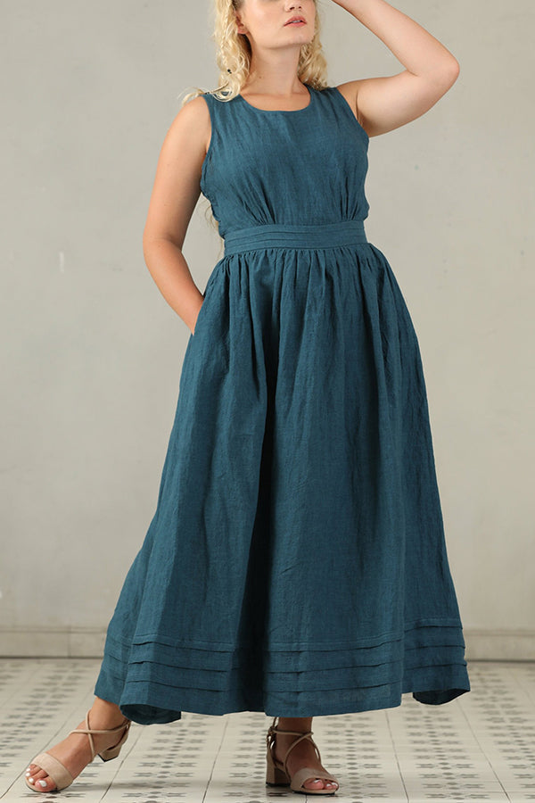 R&B | Cross Back O-Hals Maxikleid Leinen