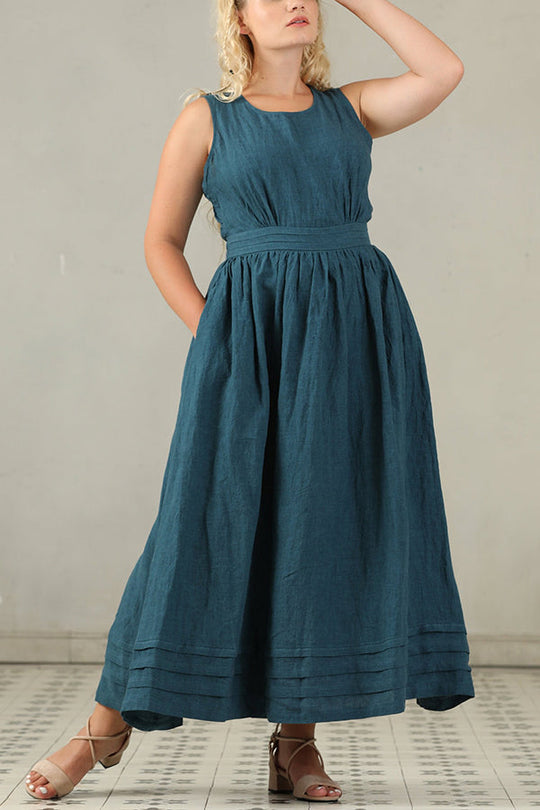 R&B | Cross Back O-Hals Maxikleid Leinen