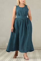 R&B | Cross Back O-Hals Maxikleid Leinen