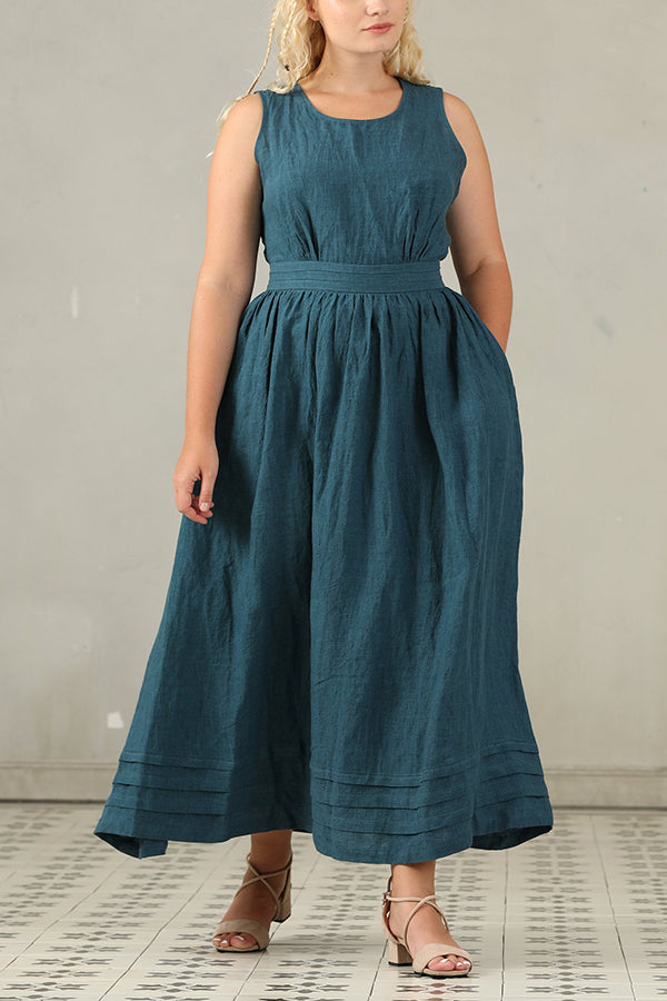 R&B | Cross Back O-Hals Maxikleid Leinen