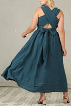 R&B | Cross Back O-Hals Maxikleid Leinen