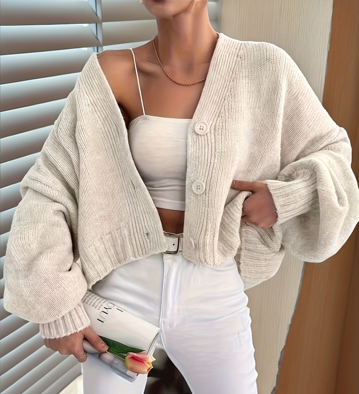 R&B | Cardigan - Damen Herbst Elfenbein Weiß Baumwoll Cardigan