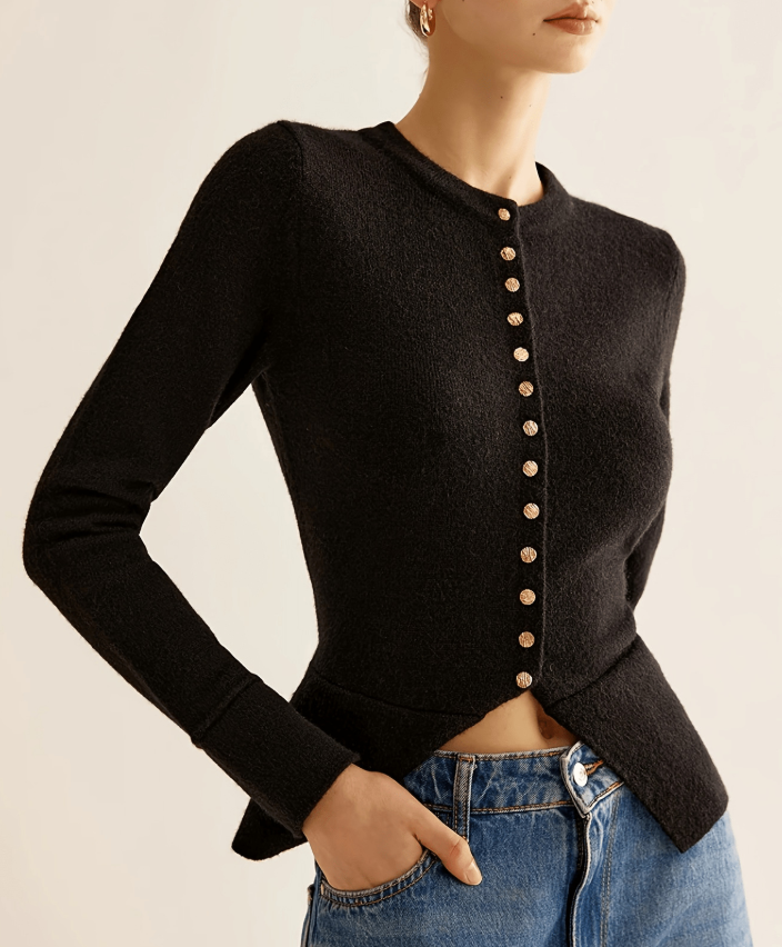 R&B | Cardigan - Frauen Herbst Schwarz Strickjacke mit Knopfleiste