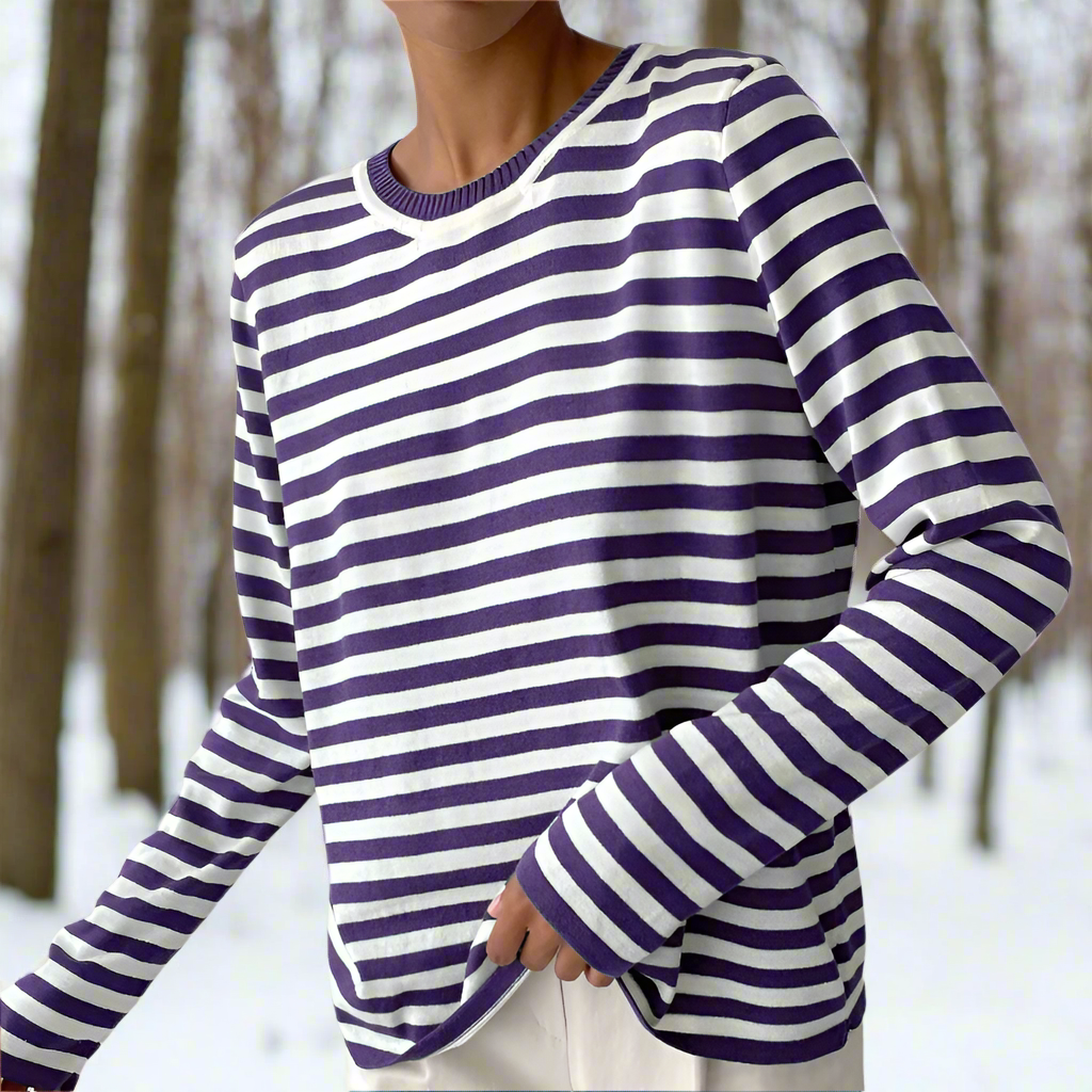 R&B | Langarm-T-Shirt Gestreift Rundhals Relaxed Fit Atmungsaktive Baumwolle