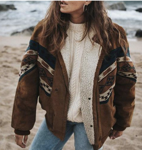 R&B | Winterjacke - stilvolle braune Damenjacke mit Tribal-Design