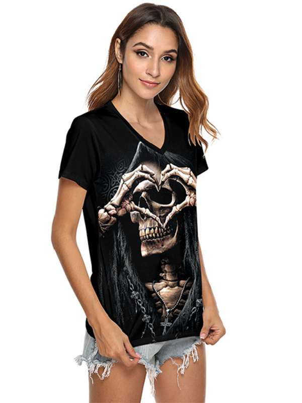 R&B| Skeleton Hand Print V-Ausschnitt Damen T-Shirt