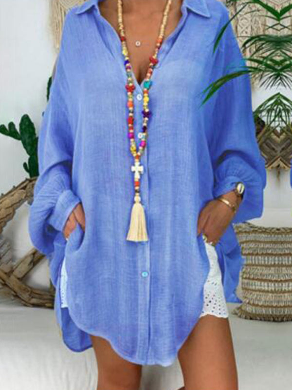 R&B | Baumwoll-Leinen-Shirt Plus Size Damen Knopf Locker Langarm Freizeitshirt Damen Oberteile