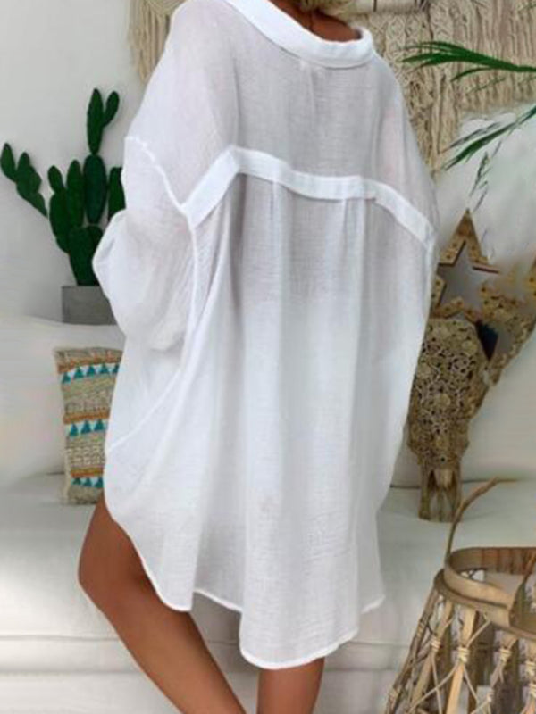 R&B | Baumwoll-Leinen-Shirt Plus Size Damen Knopf Locker Langarm Freizeitshirt Damen Oberteile