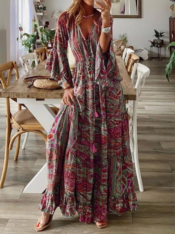 R&B | Damen Bohemianpaisley Druck & Trompetenärmel Kleid Maxi