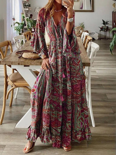 R&B | Damen Bohemianpaisley Druck & Trompetenärmel Kleid Maxi