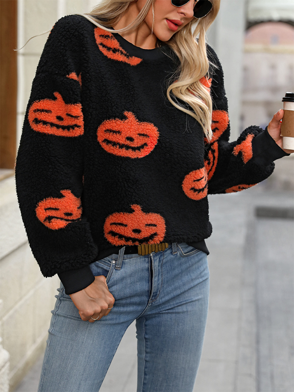 R&B| Modisch Locker Halloween Druck Plüsch Locker Pullover Sweatshirt