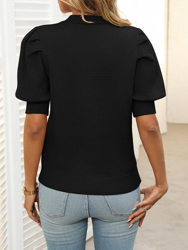 R&B | Lässig Einfach Rundhals Puffärmel Pullover Einfarbig Kurzarm