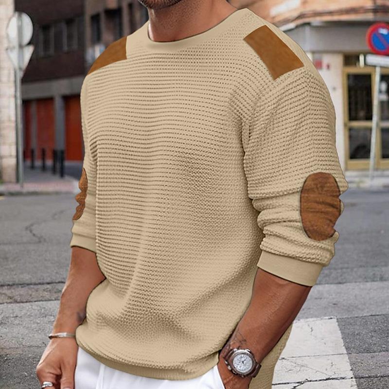 R&B | Weißer Strickpullover mit Braunen Wildleder Akzenten