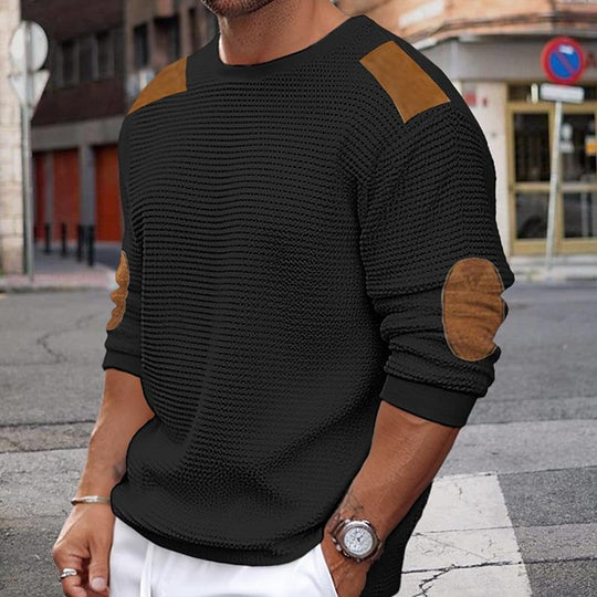 R&B | Weißer Strickpullover mit Braunen Wildleder Akzenten
