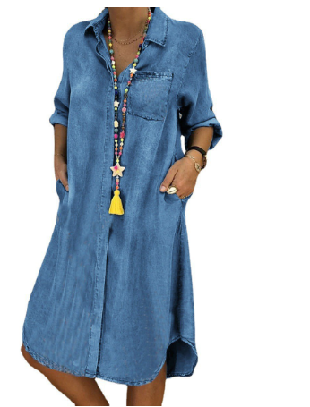 Langes Jeanskleid mit langen Ärmeln und Revers für Damen