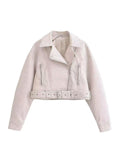 R&B | Leder Reverskragen Cropped Jacke mit Gürtel