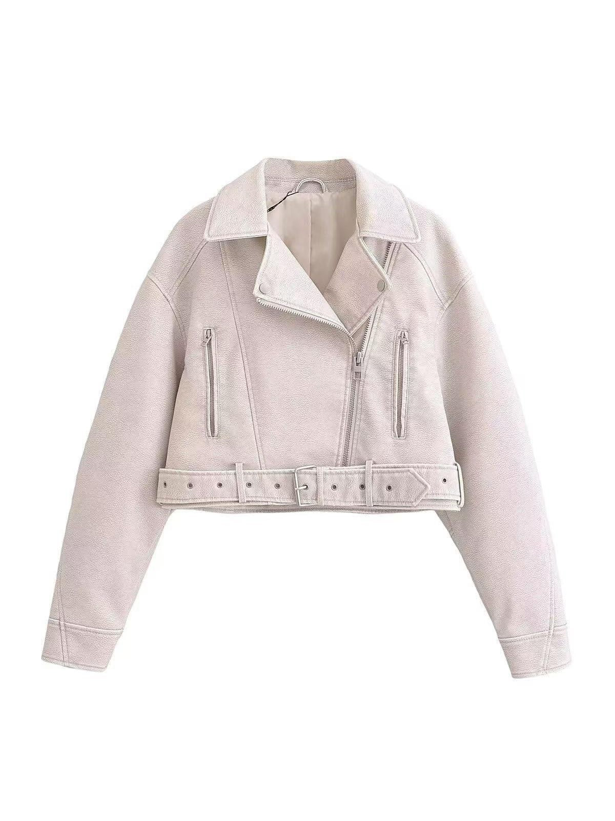 R&B | Leder Reverskragen Cropped Jacke mit Gürtel