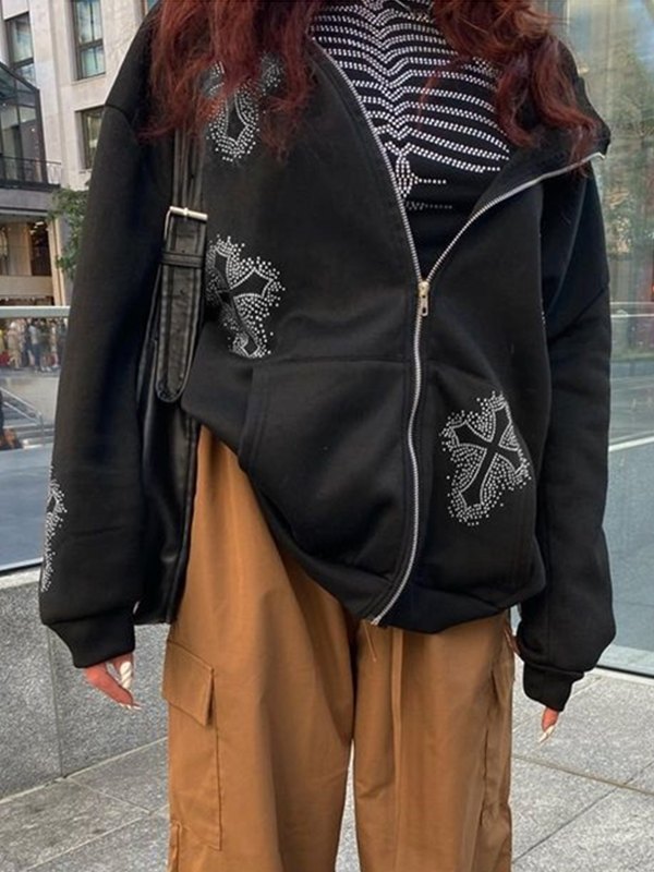 R&B | Hoodie mit Reißverschluss Und Strass-Kreuzmuster