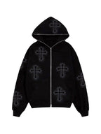R&B | Hoodie mit Reißverschluss Und Strass-Kreuzmuster