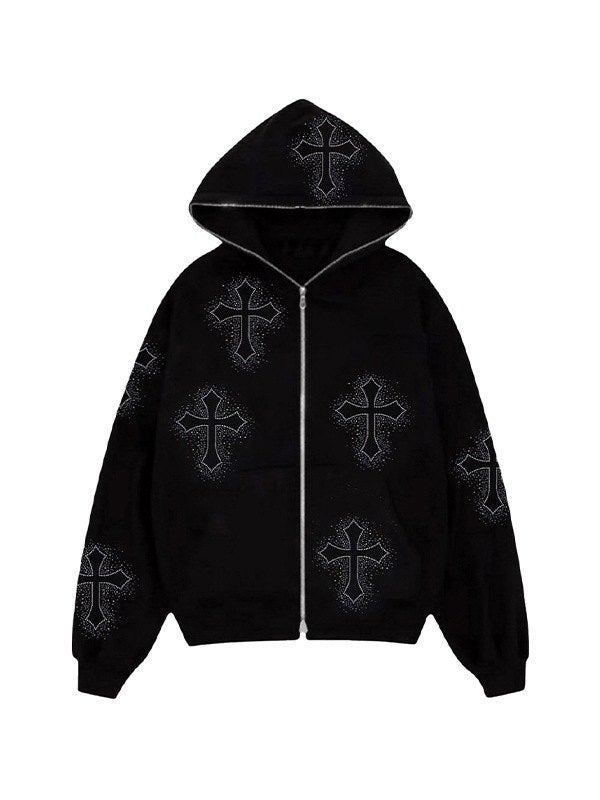 R&B | Hoodie mit Reißverschluss Und Strass-Kreuzmuster