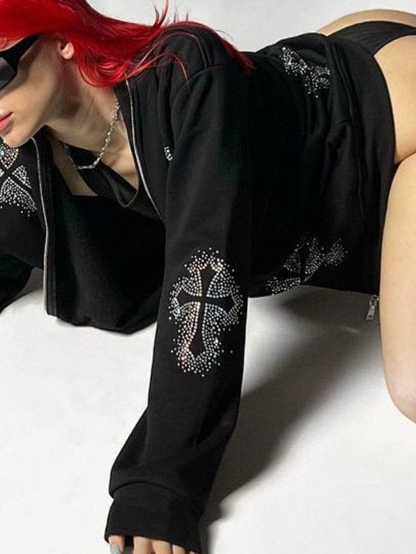 R&B | Hoodie mit Reißverschluss Und Strass-Kreuzmuster
