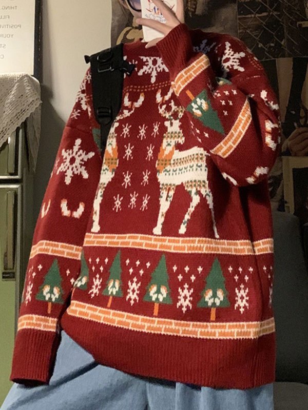 R&B | Oversized Weihnachts-Pullover mit Rundhalsausschnitt Und Hirschmuster