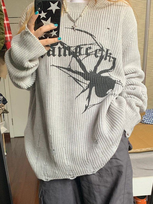 R&B | Punk Geripptes Strickpullover mit Bedruckter Spinne