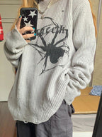 R&B | Punk Geripptes Strickpullover mit Bedruckter Spinne