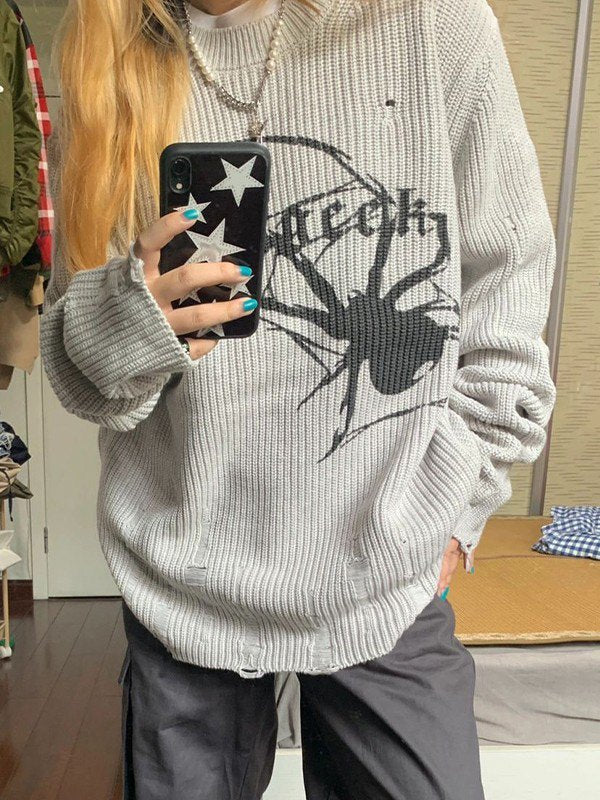 R&B | Punk Geripptes Strickpullover mit Bedruckter Spinne