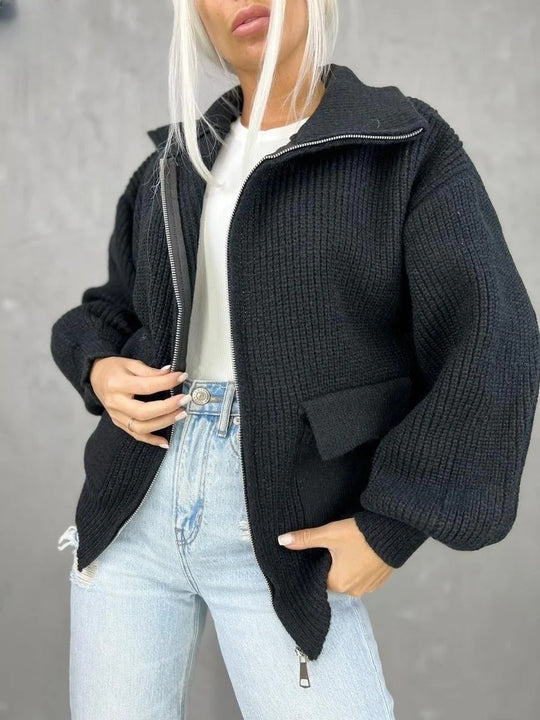 R&B | Jacke Strickstoff Lockere Passform Rippstruktur Reißverschluss Taschen