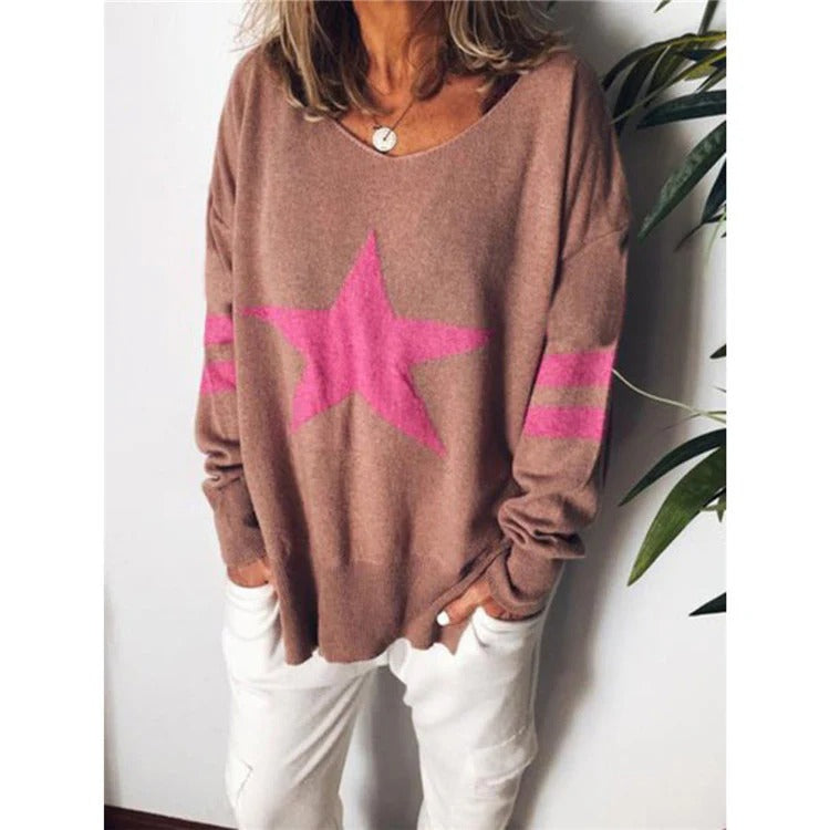 R&B | Sweater Relaxed Fit Weiche Strick Stern Druck Lange Ärmel