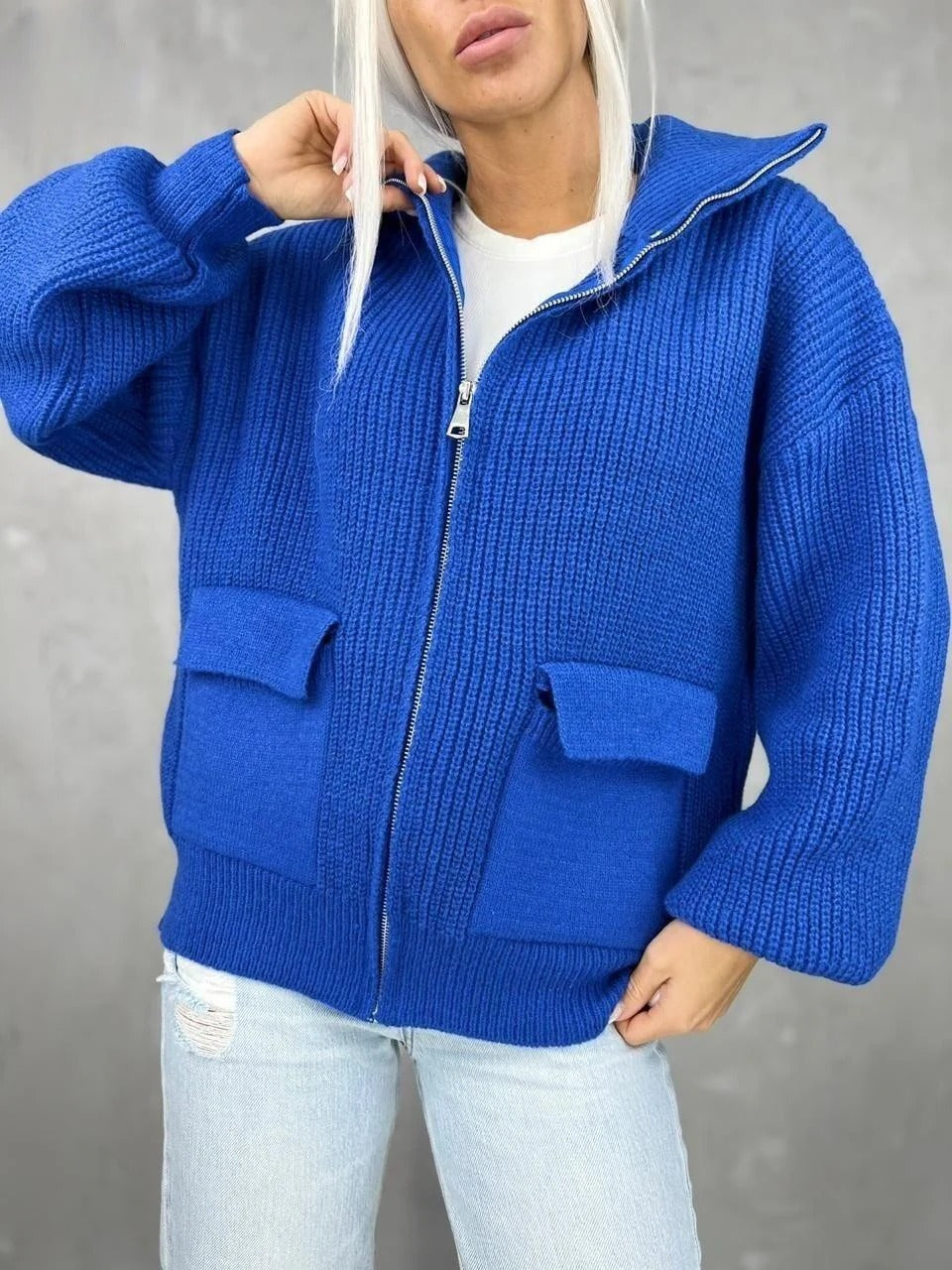 R&B | Cardigan - Entspanntes Fit - Gestrickte Wolle - Reißverschluss - Ripptextur - Klapptaschen