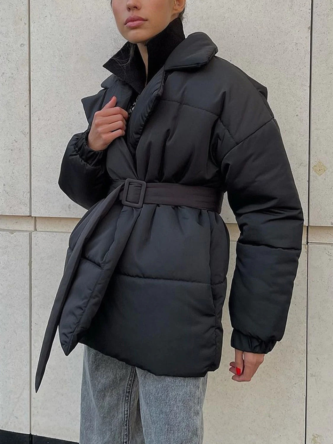 R&B | Gürteltaschen Pufferjacke Wickel Front Stepp Wintermantel
