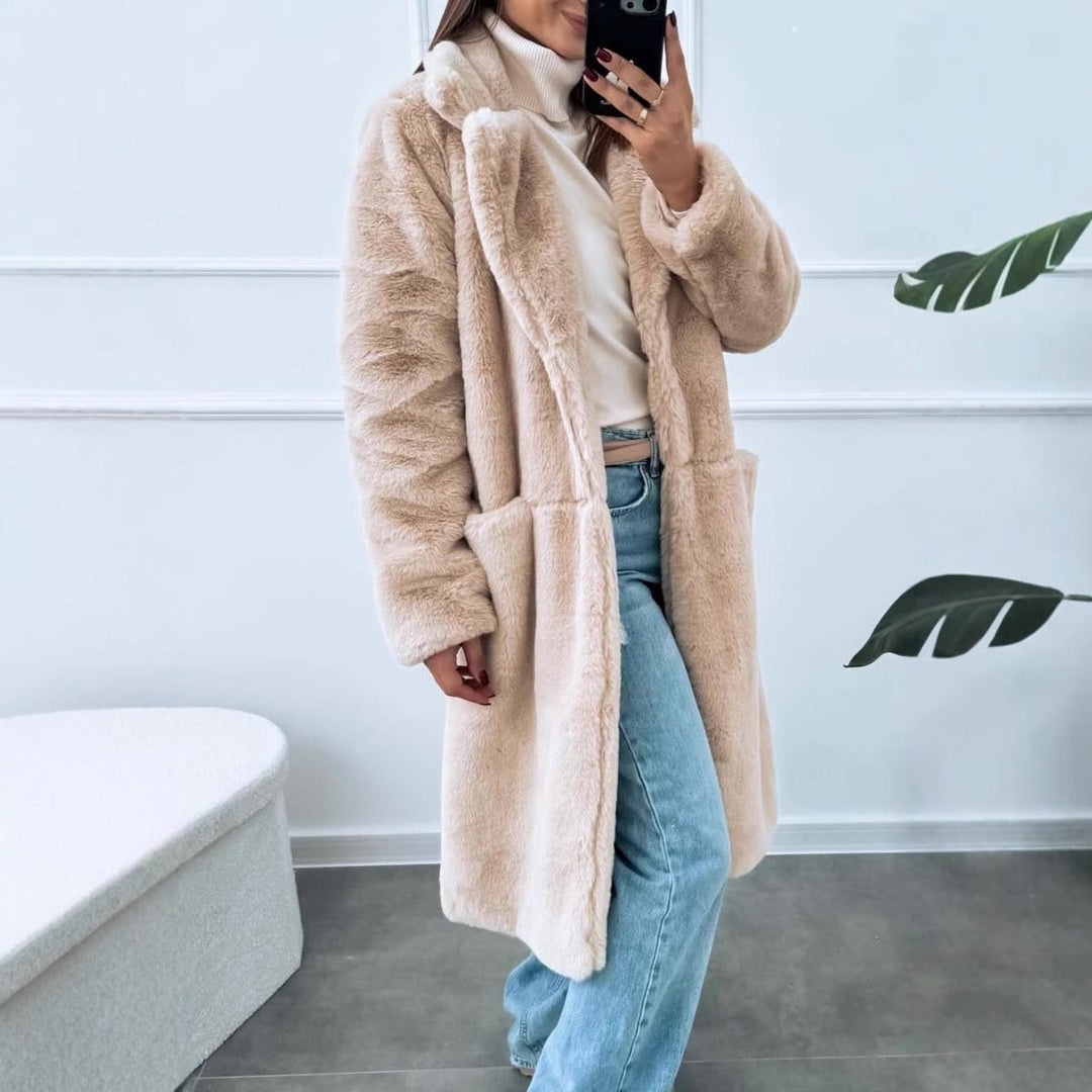 R&B | Lange Jacke Übergröße Passform Weicher Stoff Breite Revers Fronttaschen