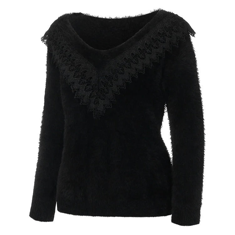 R&B | Slim Fit Weiche Stricktextur Spitzen V-Ausschnitt Langarm