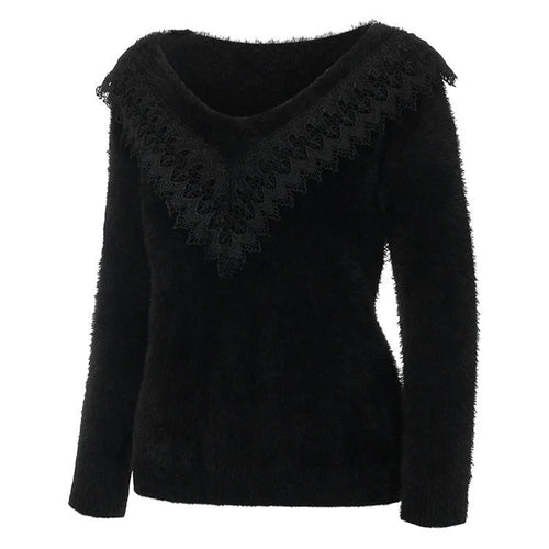R&B | Slim Fit Weiche Stricktextur Spitzen V-Ausschnitt Langarm