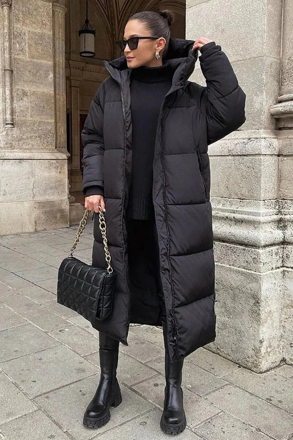 R&B | Puffer-Jacke Gesteppter Oversized-Schnitt Vollständig Länge Kapuze Hoher Kragen Warm Tragen