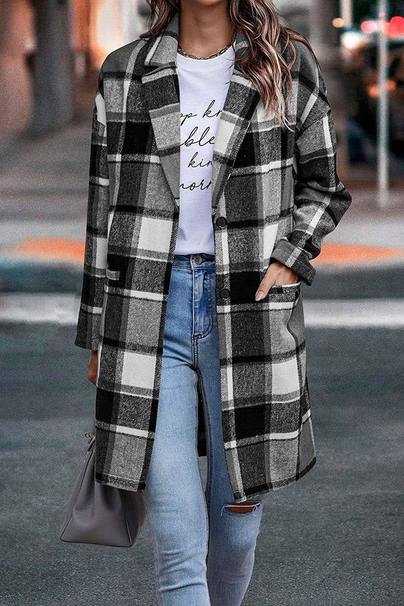 R&B | Mantel - Oversized Fit - Wolle - Karomuster - Mit Knöpfen und Taschen