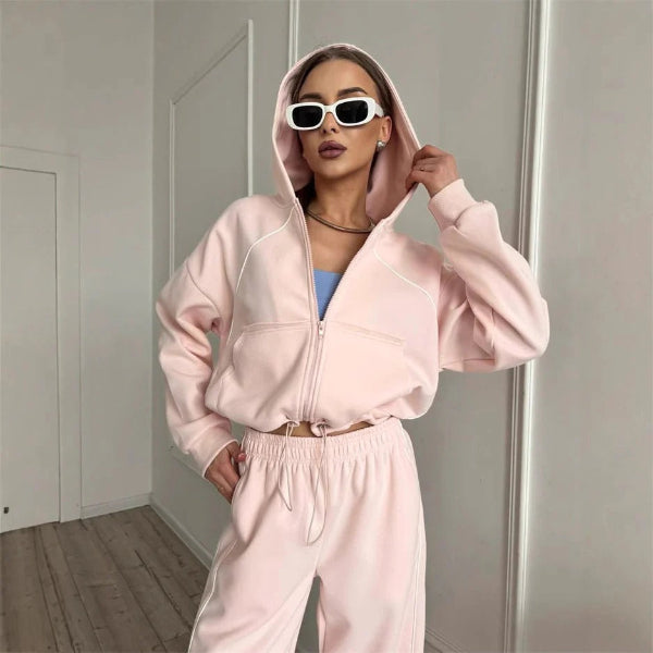 R&B | Set mit Kapuzenpullover und Hose Übergröße Reißverschluss Weite Beine Baumwollgefühl
