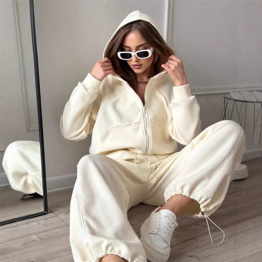 R&B | Set mit Kapuzenpullover und Hose Übergröße Reißverschluss Weite Beine Baumwollgefühl