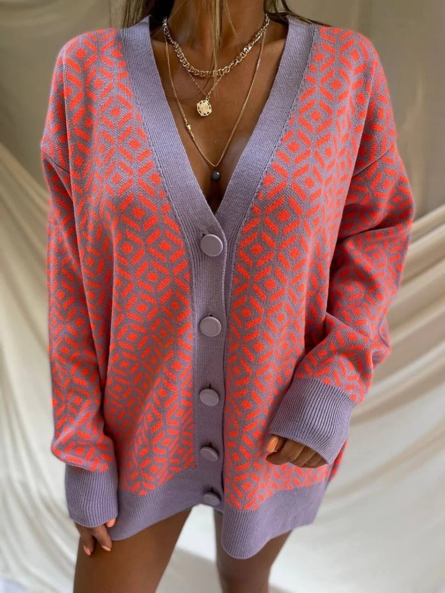 R&B | Strickjacke Strick Übergröße Passform Wollmischung V-Ausschnitt Geometrisches Muster