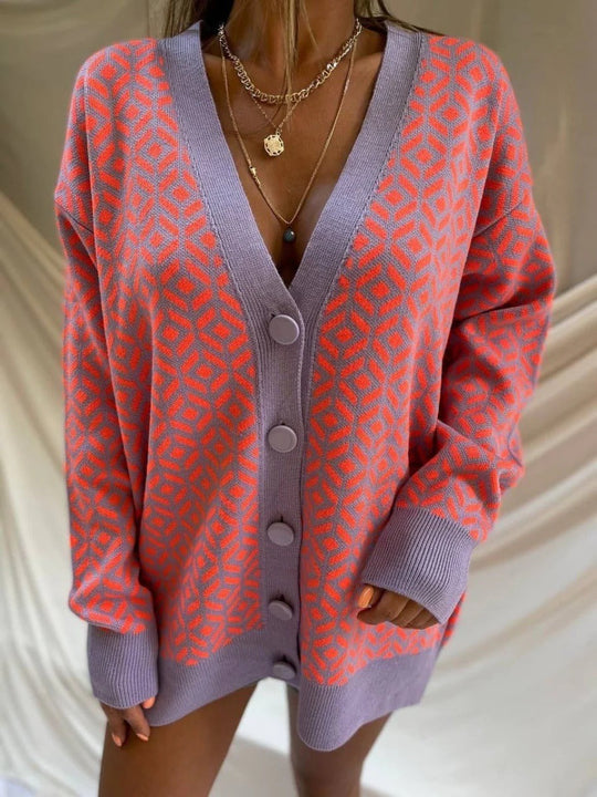 R&B | Strickjacke Strick Übergröße Passform Wollmischung V-Ausschnitt Geometrisches Muster
