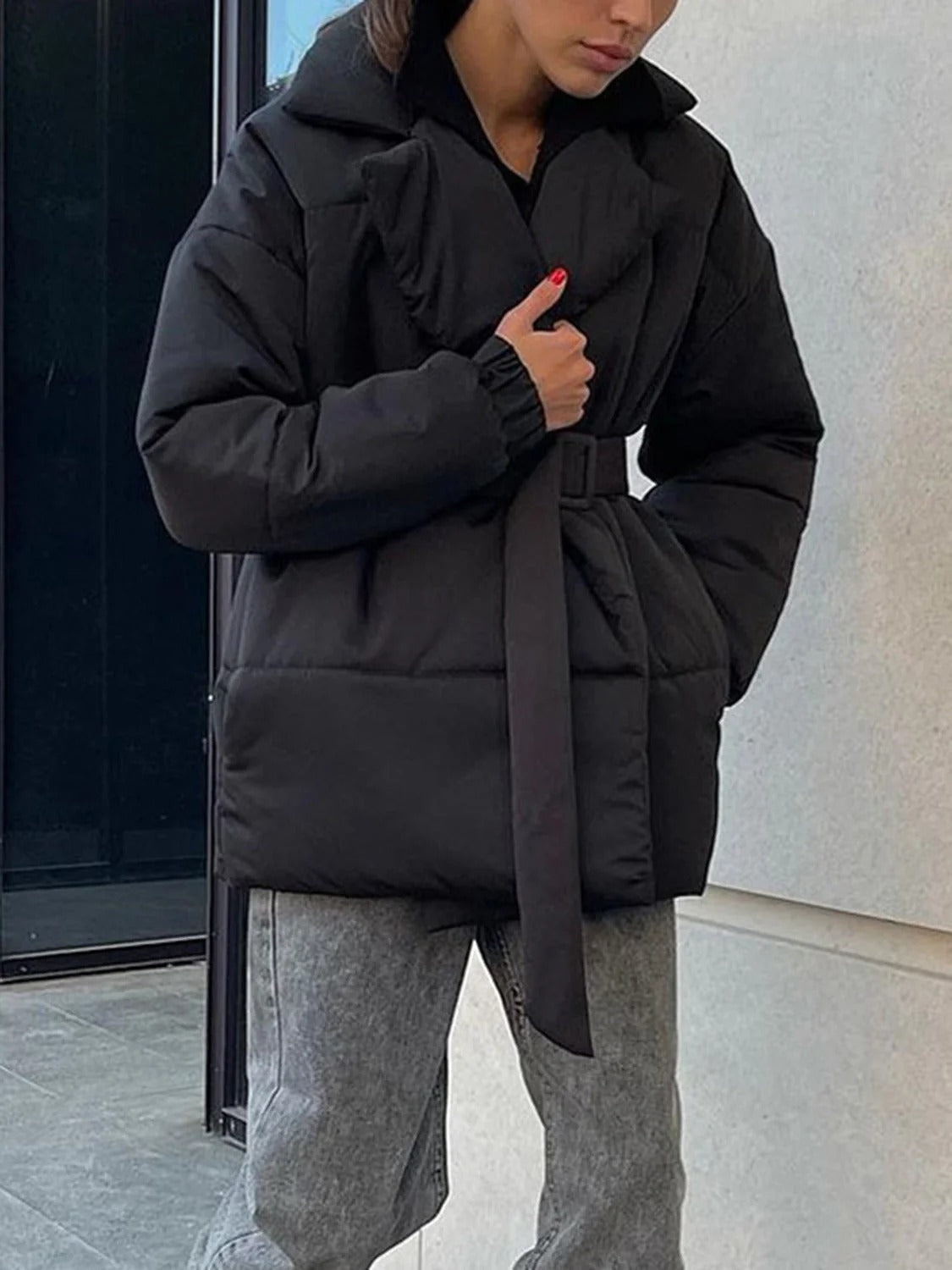 R&B | Gürteltaschen Pufferjacke Wickel Front Stepp Wintermantel
