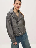 R&B | Lederjacke Übergröße Passform Biker Stil Gürtel in Der Taille Reißverschluss Details