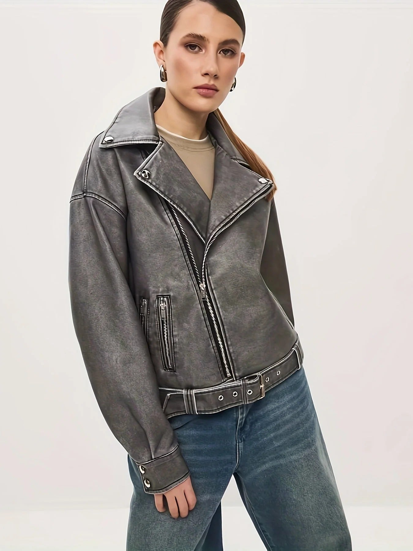 R&B | Lederjacke Übergröße Passform Biker Stil Gürtel in Der Taille Reißverschluss Details