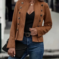 R&B | Jacke Taillierte Passform Wildledertextur Hoher Kragen Asymmetrische Knopfkleidung